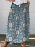 Women’s Retro Floral Art Linen Pocket Skirt Blue / S