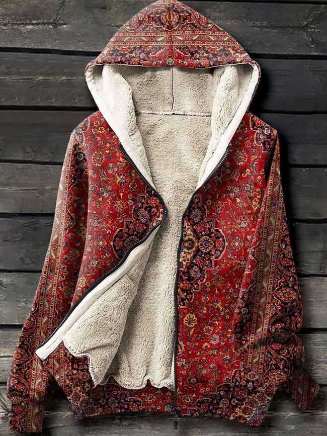 Vintage Ethic Art Print Waffle Plush Thick Long-Sleeved Hooded Coat Multicolor / S