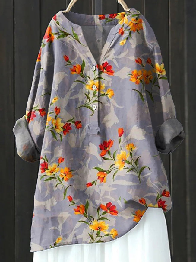 Women’s Floral Art Print Casual Cotton And Linen Shirt Multicolor / S