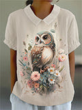 Women’s Owl Flower Print Casual Cotton And Linen Shirt Muilticolor / S