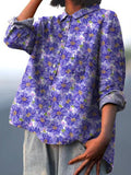 Watercolor Purple Floral Pattern Printed Women’s Casual Cotton And Linen Shirt