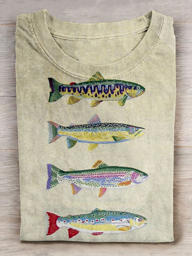 Fish Art Print Casaul Short Sleeve T-Shirt Multicolor / S