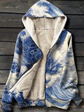 Blue Cat Art Print Waffle Plush Thick Long-Sleeved Hooded Coat Multicolor / S