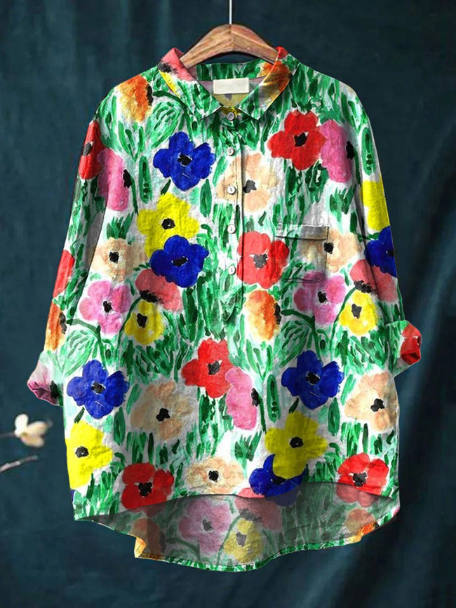 Women’s Flower Print Casual Cotton And Linen Shirt Multicolor / S