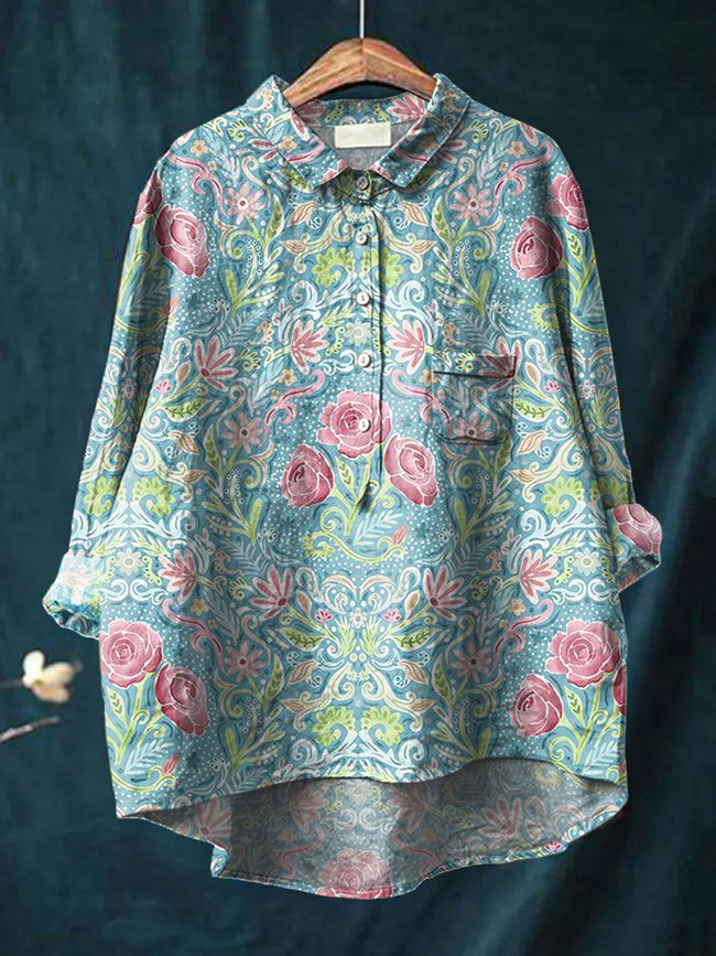 Women’s Vintage Roses Print Casual Cotton And Linen Shirt Multicolor / S