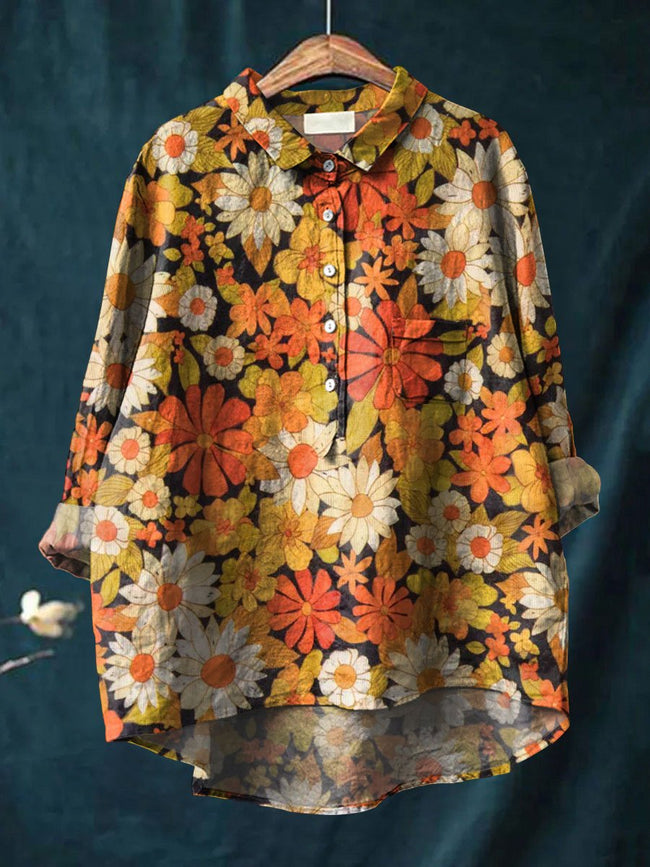 Women’s Vintage Flower Art Print Casual Cotton And Linen Shirt Multicolor / S