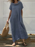 Women’s Turndown Collar Linen Pocket Dress Blue / S