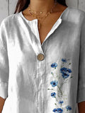 Simple Blue Spring Floral Printed Women’s Casual Cotton Linen Shirt