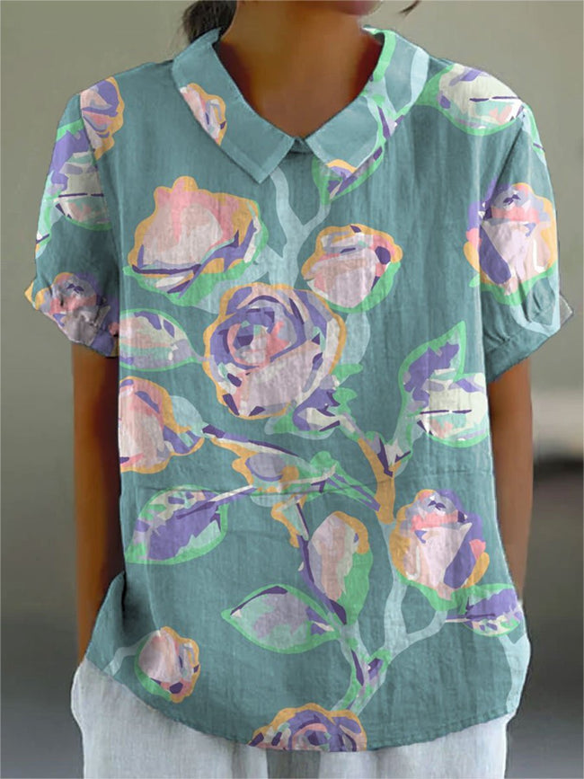 Women's  Flower Print Casual Cotton And Linen Shirt