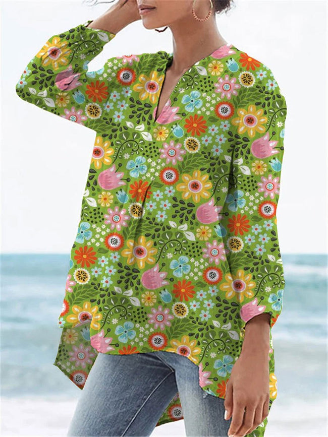 Women’s Flower Print Casual Linen V-Neck Shirt Multicolor / S