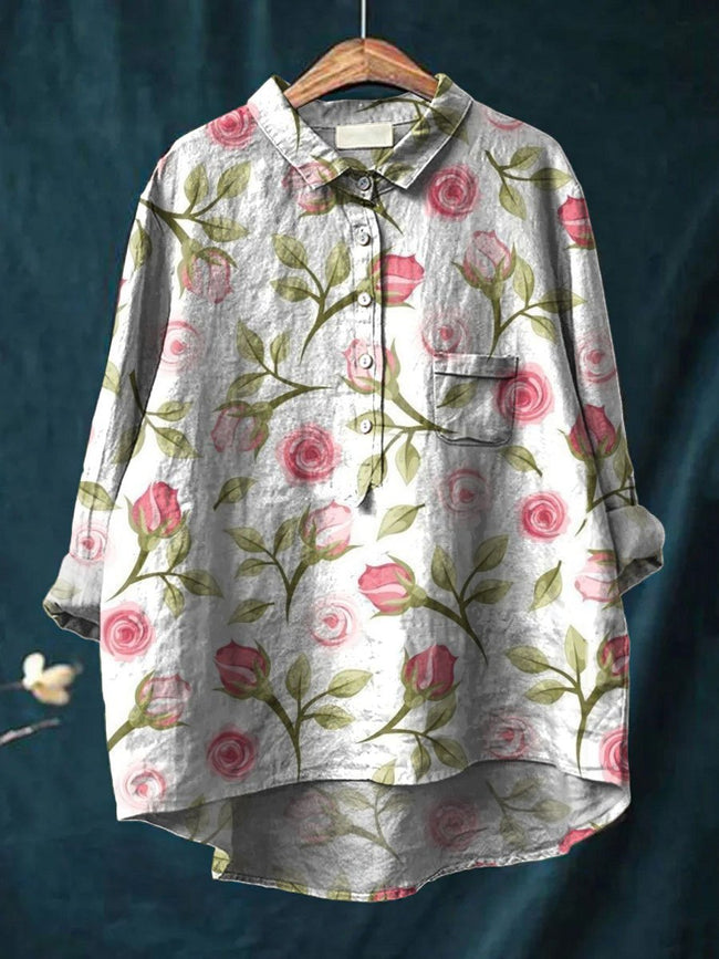 Women’s Flower Print Casual Cotton And Linen Shirt Multicolor / S