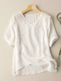 Women’s Cotton And Linen Short Sleeve Embroidery Blouse White / M