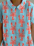 Lobster Repeat Pattern Printed Women’s Casual Cotton And Linen Shirt