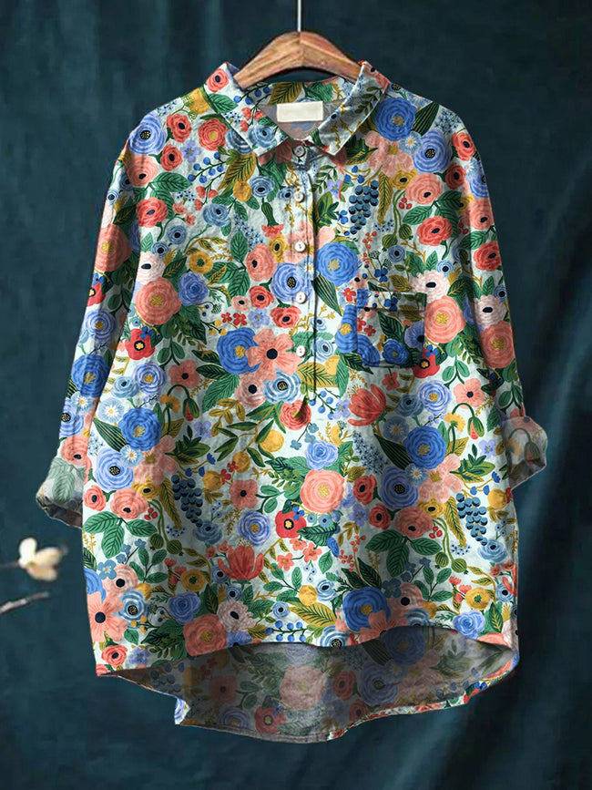 Women’s Floral Art Print Casual Cotton And Linen Shirt Multicolor / S