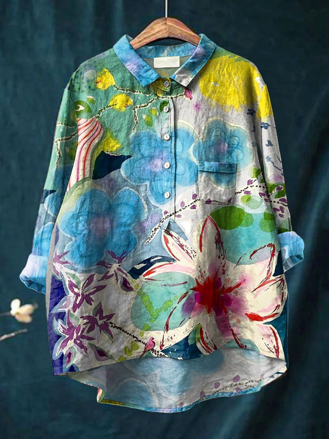 Women’s Floral Plant Art Print Casual Cotton And Linen Shirt Multicolor / S