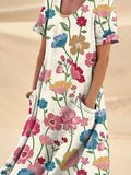 Women’s Elegant Flowers Art Print Casual Linen Pocket Dress