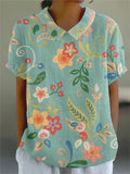 Women’s Flowers And Leaves Casual Cotton Linen Shirt Green / S