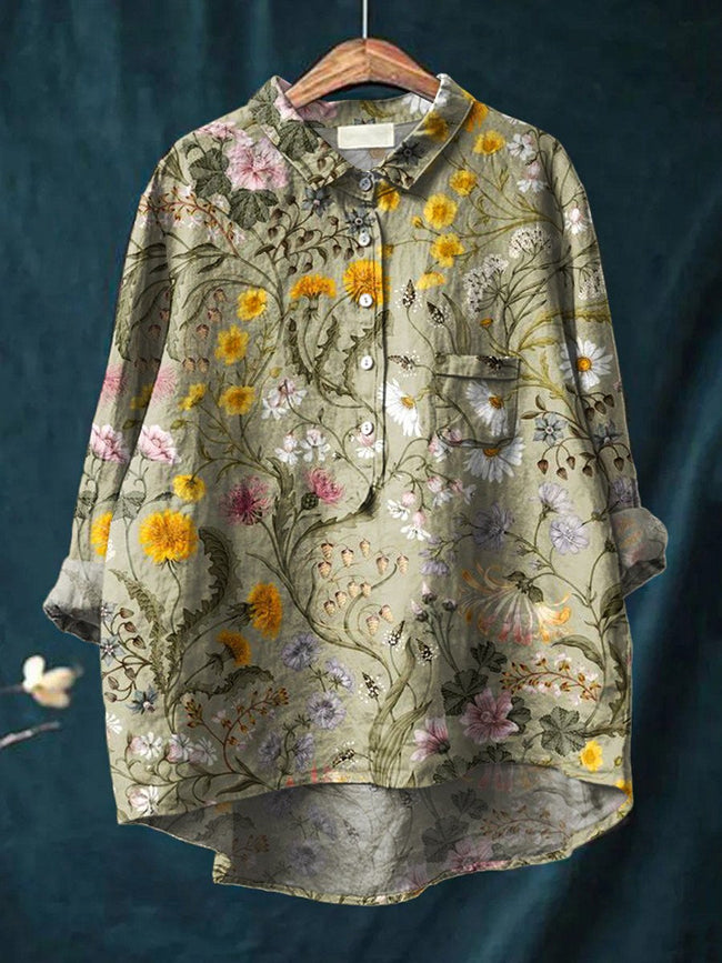 Women’s Floral Art Print Casual Cotton And Linen Shirt Multicolor / S