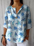 Ocean Blue Sea Creatures Pattern Printed Women’s Casual Cotton Linen Shirt / S