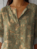 Assorted Wild Mushrooms Repeat Pattern Printed Women’s Casual Cotton Linen Shirt