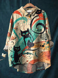 Vintage Funny Cats Art Print Casual Cotton And Linen Shirt Multicolor / S