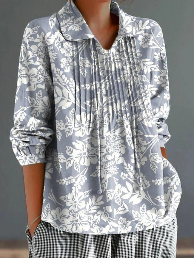 Women’s White Simple Shadow Floral Print On Blue Background Casual Cotton And Linen Shirt