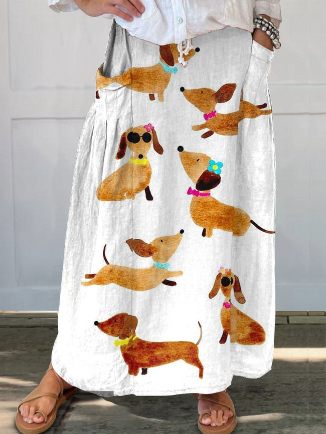 Women’s Cute Dachshund Art Print Linen Pocket Skirt Multicolor / S