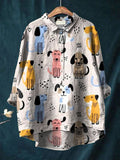 Women’s Retro Colorful Puppy Print Casual Cotton And Linen Shirt Multicolor / S