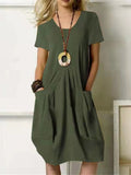 Women’s Solid Color Loose Elegant Casual Cotton And Linen Dress Green / S