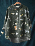 Vintage Lovely Dogs Art Print Casual Cotton And Linen Shirt Black / S