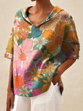 Women’s Floral Art Print Casual Linen V-Neck Shirt Multicolor / S