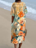 Women’s Orange Large Floral Print Pocket Linen Dress