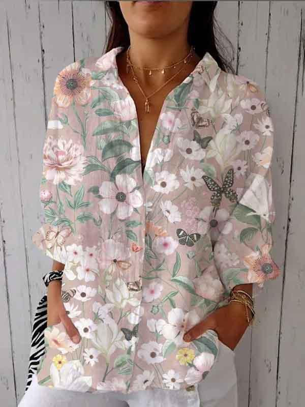 Women’s Pink Floral Print Casual Linen V-Neck Shirt Multicolor / S