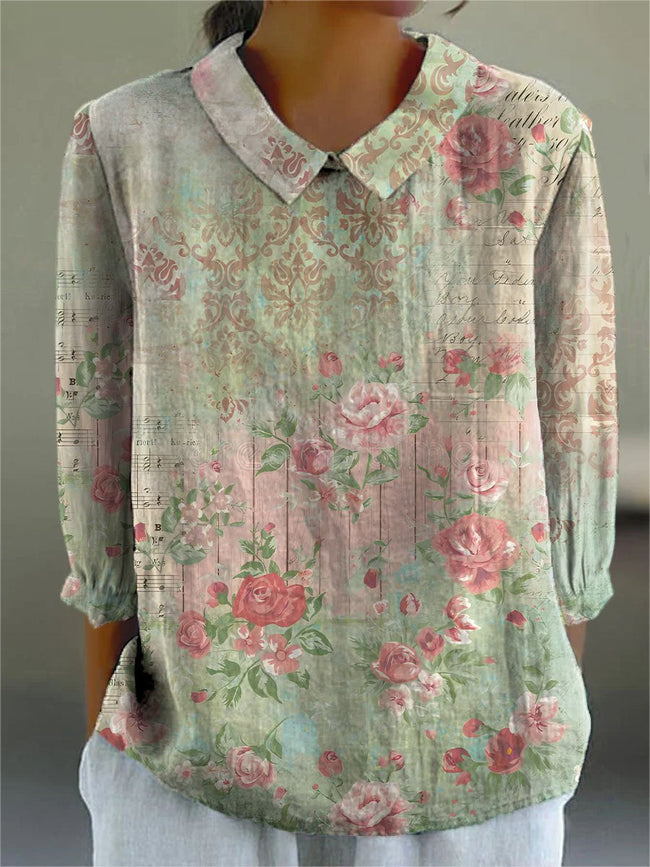 Women’s Retro Floral Art Print Casual Cotton And Linen 3/4 Sleeve Shirt Multicolor / S