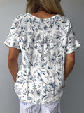 Women’s Blue Fresh And Elegant Floral Print Casual Cotton And Linen Shirt