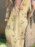 Women’s Retro Elegant Floral Art Print V-Neck Linen Pocket Dress