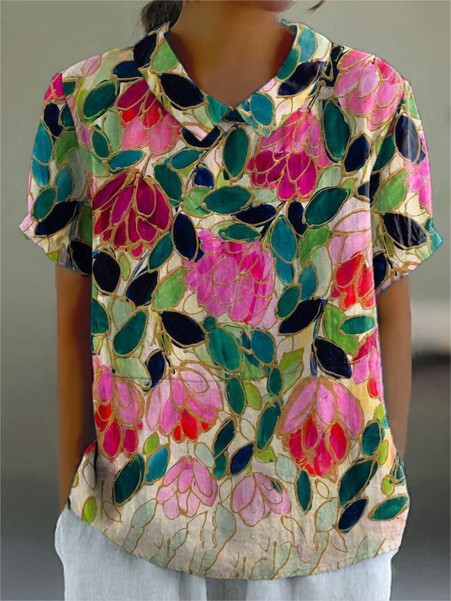 Women’s Flower Print Casual Cotton And Linen Shirt Multicolor / S