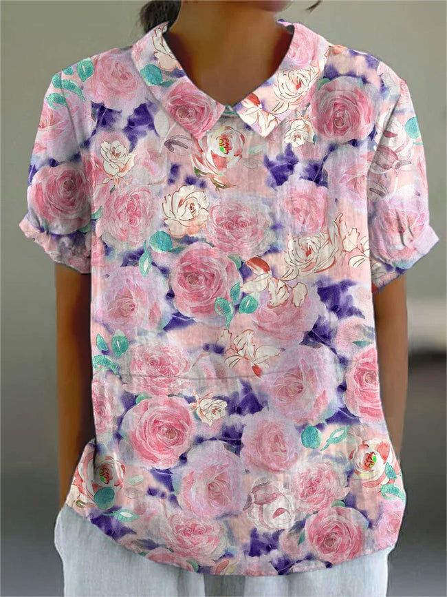 Women’s Flower Print Casual Cotton And Linen Shirt Multicolor / S