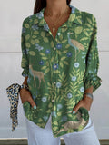 Women’s Vintage Floral Animals Art Print Casual Linen V-Neck Shirt Green / S