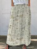 Line Drawing Dogs Pattern Printed Women’s Linen Pocket Skirt