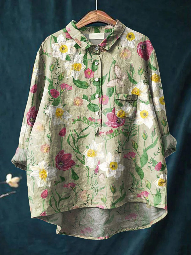 Women’s Floral Art Print Casual Cotton And Linen Shirt Multicolor / S