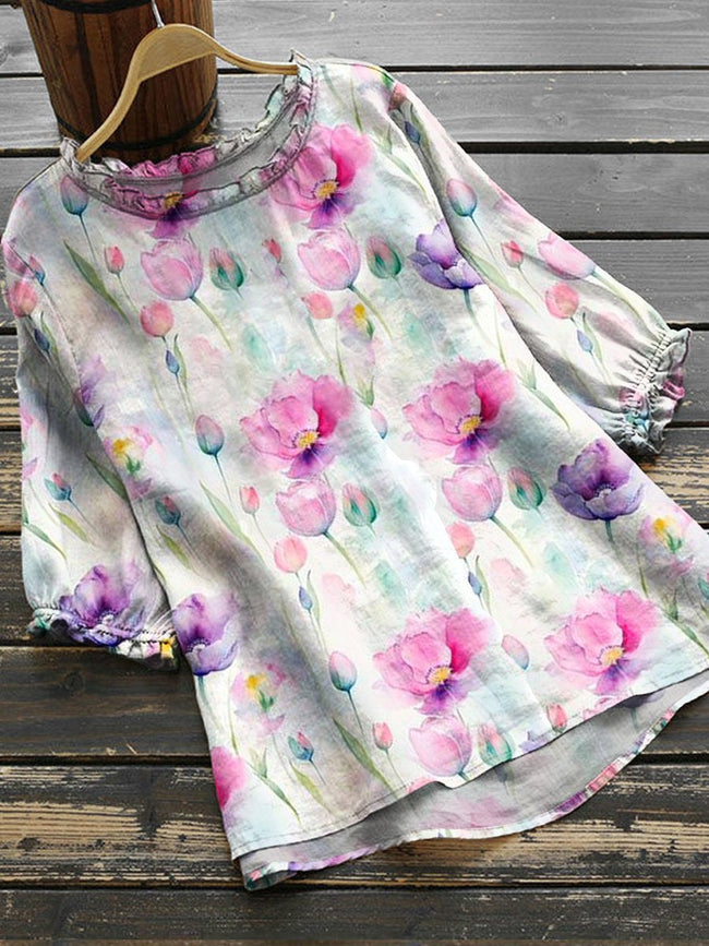 Women’s Flower Art Print Casual Shirt Multicolor / S