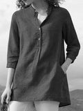 Women’s Solid Color Loose Elegant Casual Cotton And Linen Shirt Black / S