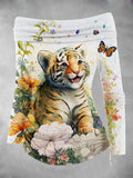 Women's Tiger Butterfly And Flower Fall Art Print Off Shoulder Foldover Cinched Top