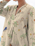 Boughs And Robin Birds Pattern Printed Women’s Casual Linen V-Neck Shirt