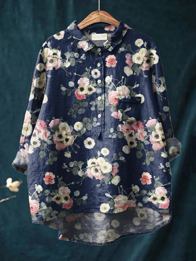 Women’s Floral Art Print Casual Cotton And Linen Shirt Multicolor / S