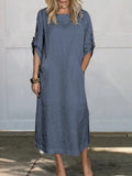 Women’s Comfortable Solid Color Linen Pocket Dress Blue / S