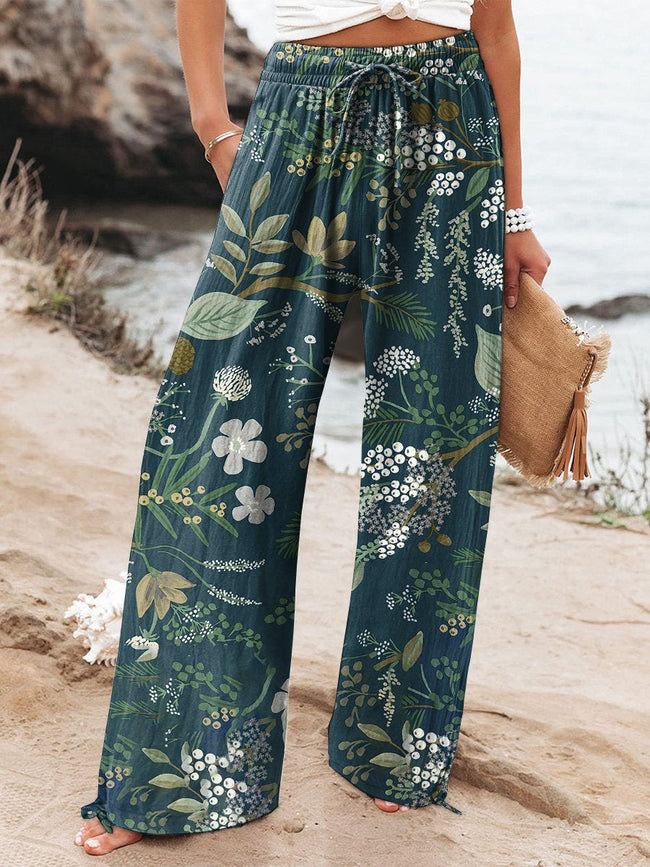 Women's  Floral  Art Printed Cotton And Linen Casual Pants