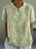 Women’s Retro Floral Art Print Casual Cotton And Linen Shirt Green / S