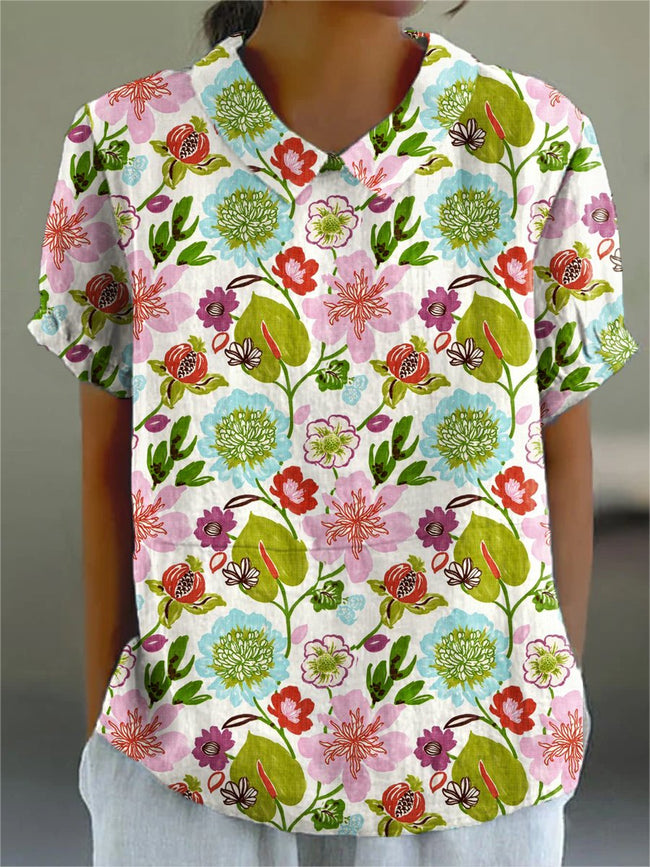 Women’s Flower Art Print Casual Cotton And Linen Shirt Multicolor / S